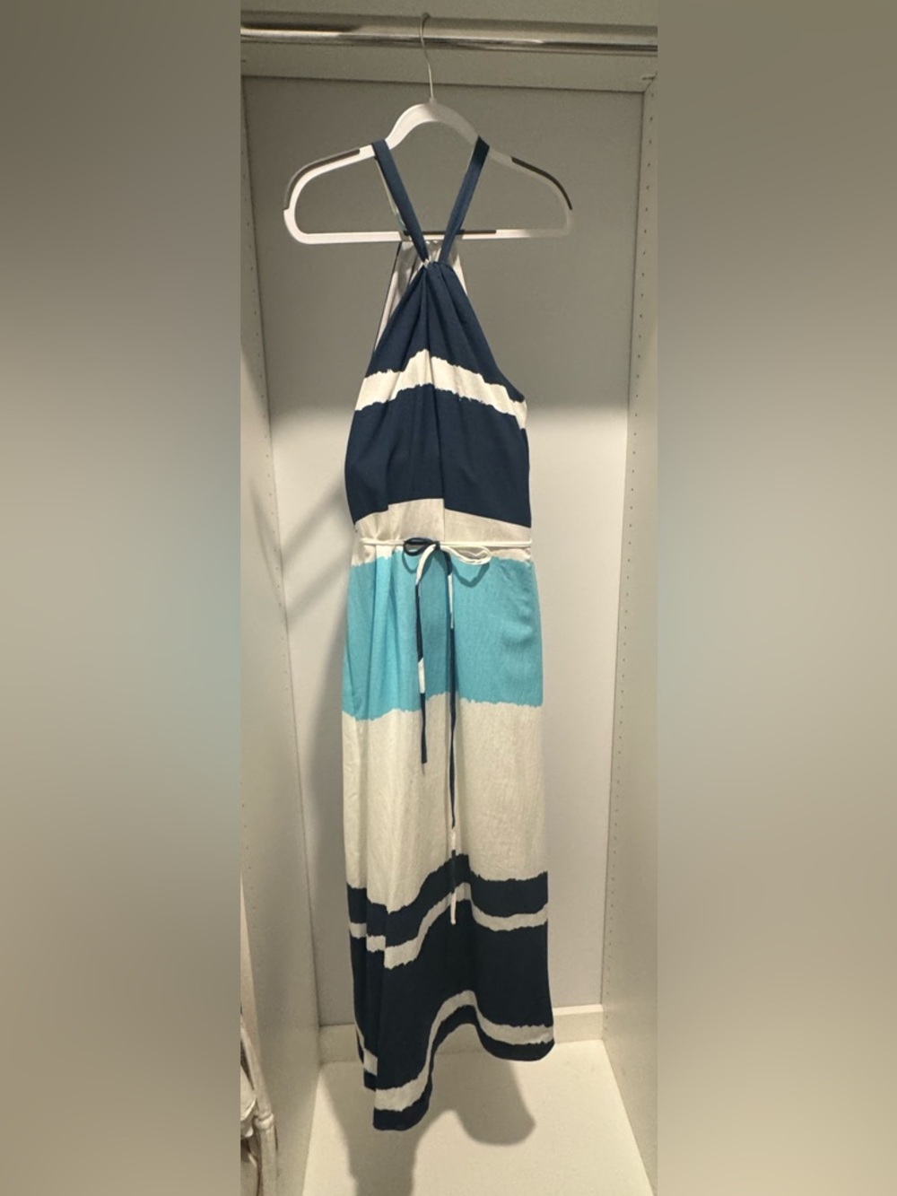 Banana Republic Striped Halter Maxi Dress in Navy, Teal & White OO Petite